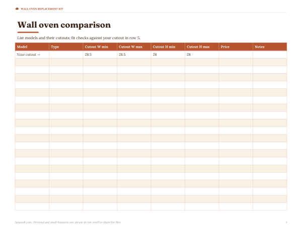 Preview of Printable Wall Oven Comparison Chart