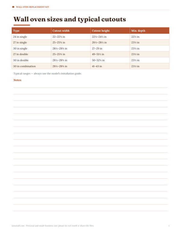 Preview of Printable Wall Oven Cutout Chart