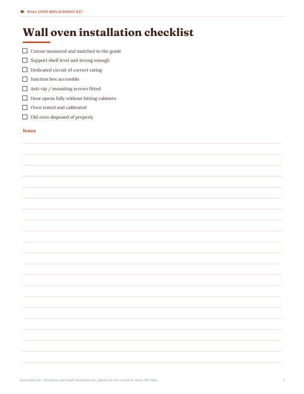 Preview of Printable Wall Oven Installation Checklist